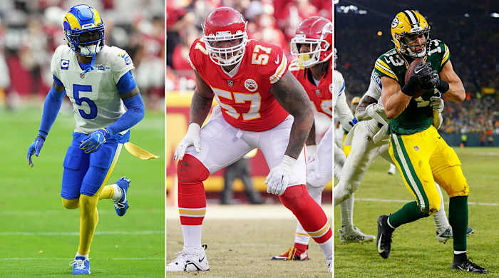 Separate photos of Jalen Ramsey, Orlando Brown Jr. and Allen Lazard in game action.